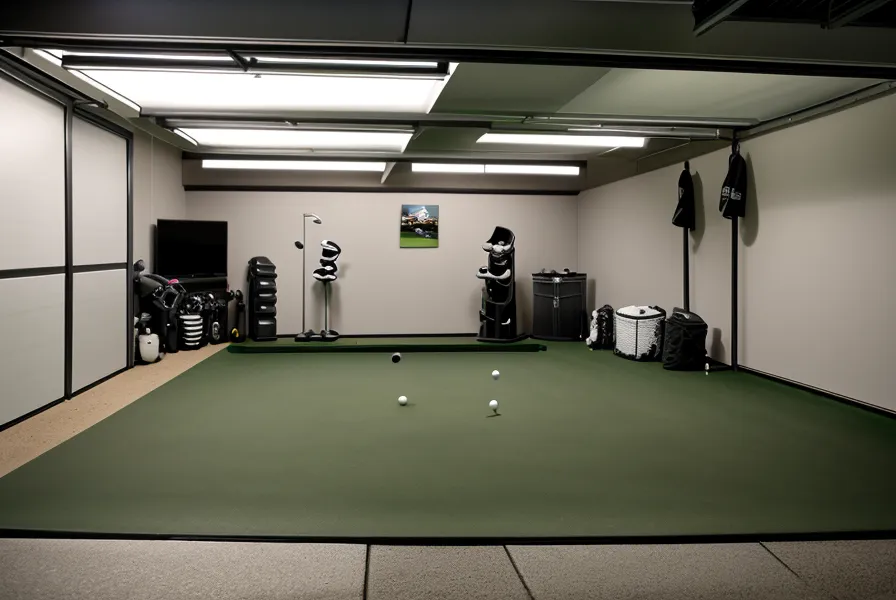 Floor-level view of a golf hitting mat positioned off-center in a garage simulator setup.
