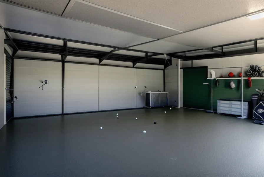 A golf launch monitor positioned on a wooden stand next to a turf hitting mat