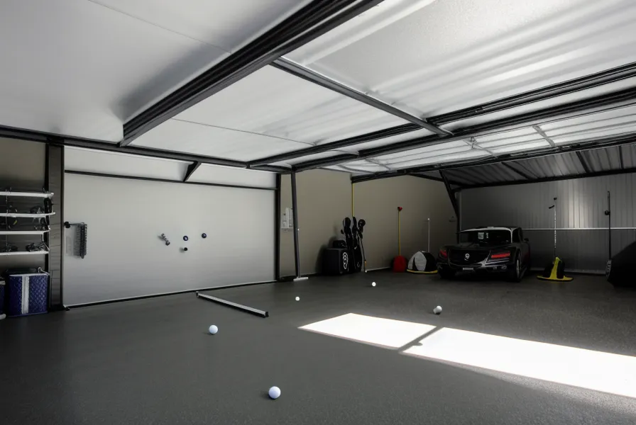 The ceiling of a garage golf simulator showing the projector mount and 9 foot clearance