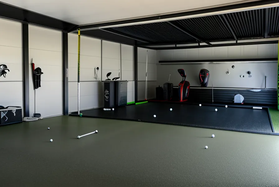 Garage golf simulator setup for indoor golf practice and knee injury recovery, featuring a SkyTrak launch monitor