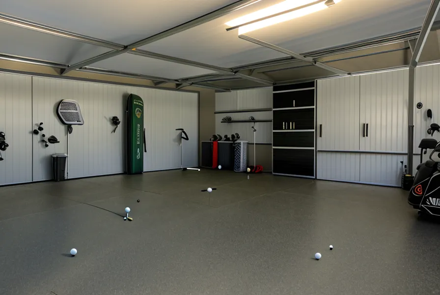 Close-up of a golfer's front knee and club on a garage simulator hitting mat during injury recovery practice