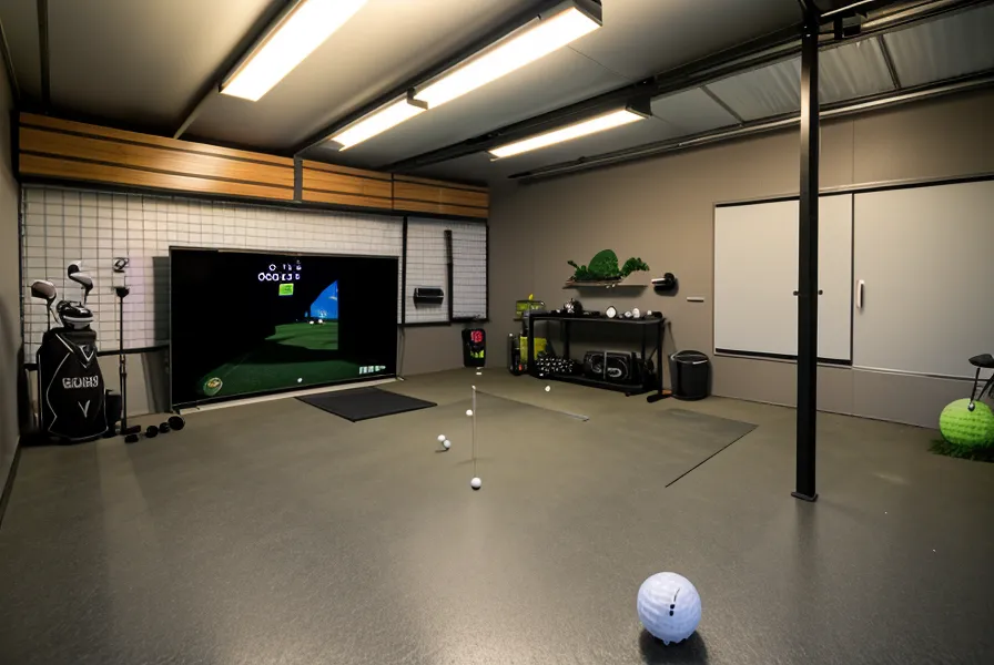 SkyTrak launch monitor with red laser alignment dot on a garage golf simulator hitting mat