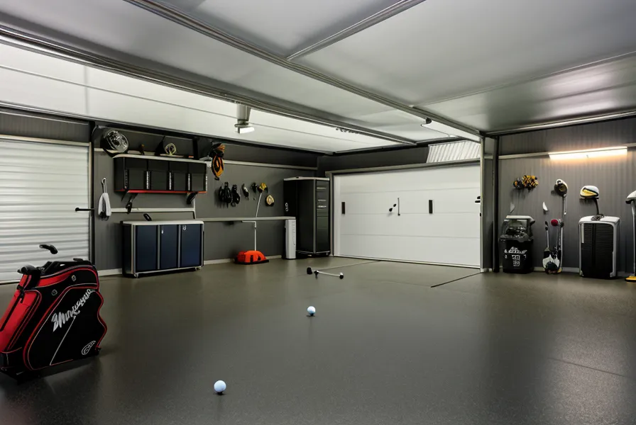 The view from a hitting mat looking toward a golf simulator screen displaying Pebble Beach.