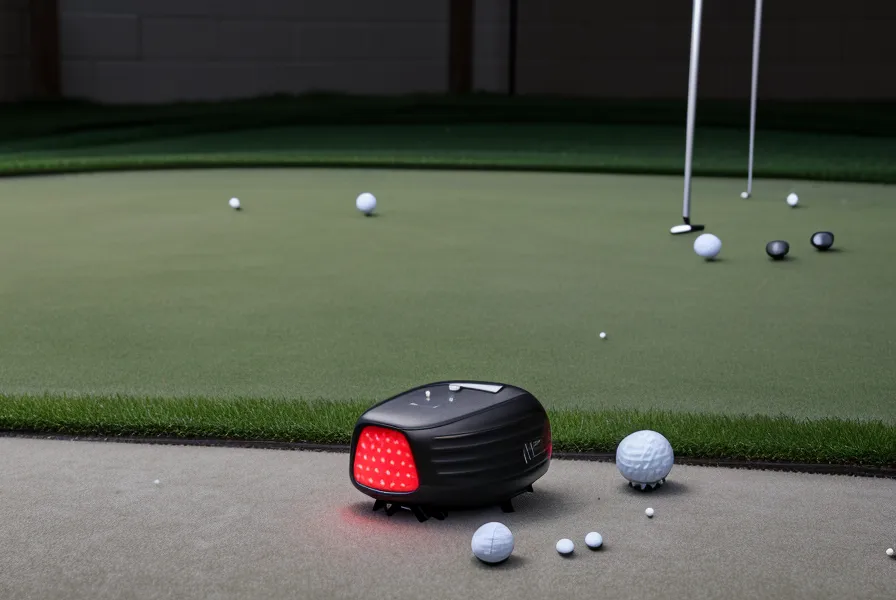 Close-up of a SkyTrak unit positioned on a leveling platform next to a hitting mat.