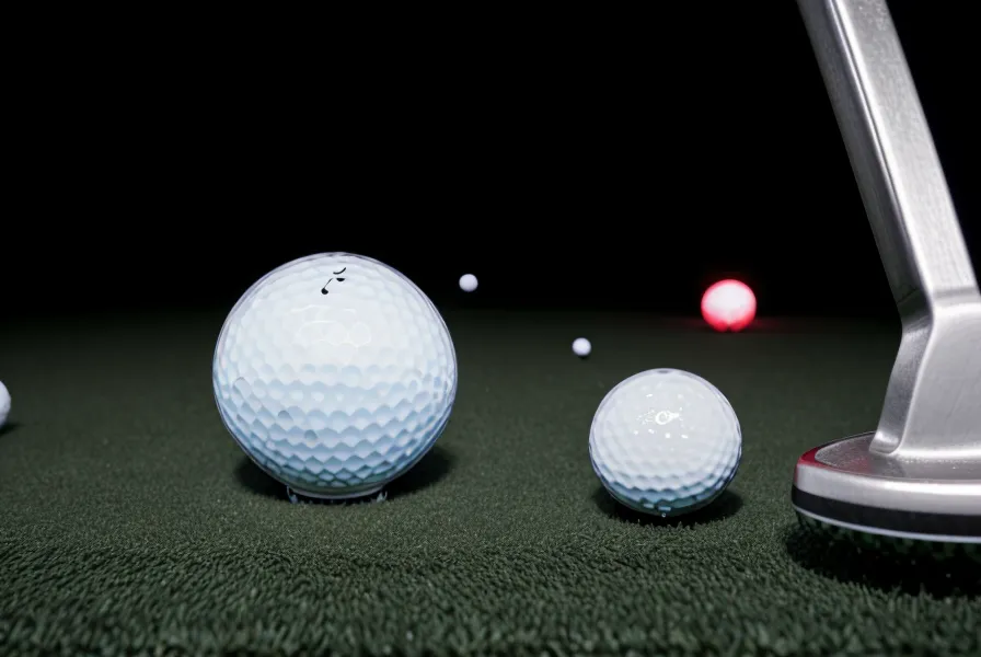 A golf ball positioned with the logo facing the SkyTrak camera for better spin tracking.