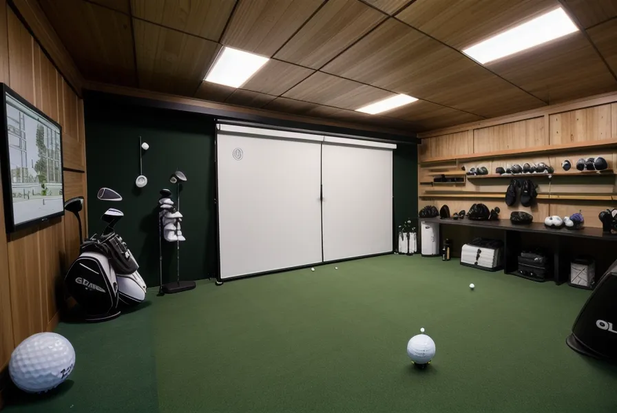 Golf simulator impact screen displaying Pebble Beach course in a garage