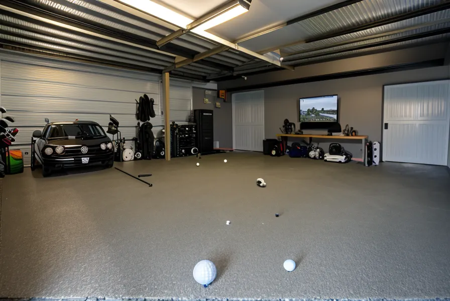 Close-up of a SkyTrak launch monitor positioned on a hitting mat in a garage.