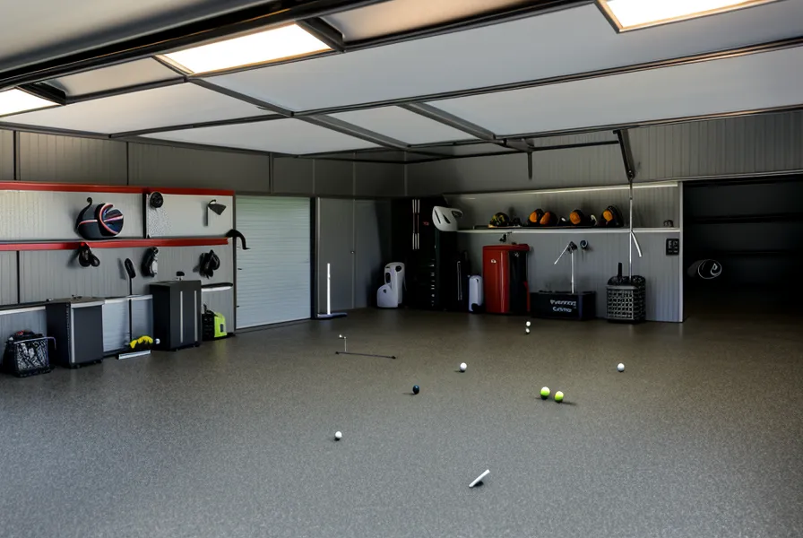 Side view of a compact garage golf simulator setup showing the mat-to-screen distance.