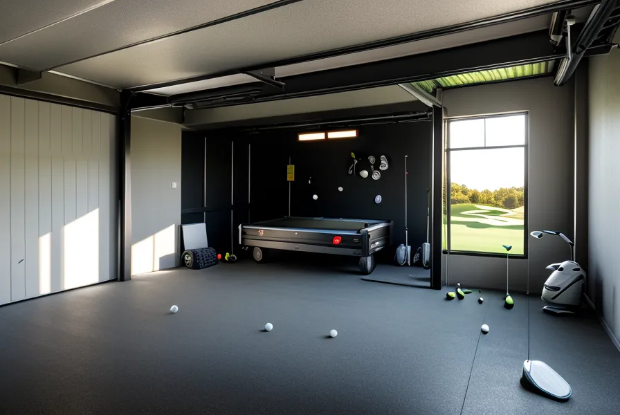Golf simulator shot data displayed on a laptop in a garage-turned-golf-studio.