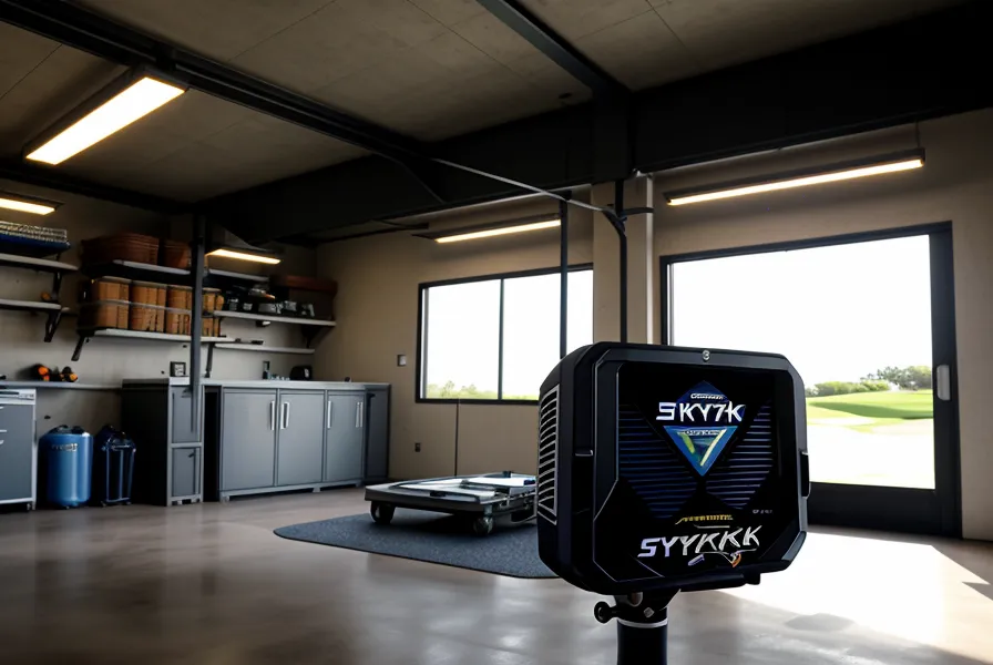 SkyTrak launch monitor positioned on a premium hitting mat in a garage setup.