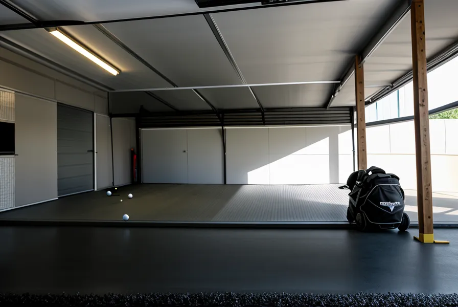 Black golf simulator shank netting protecting the side walls of a garage bay.