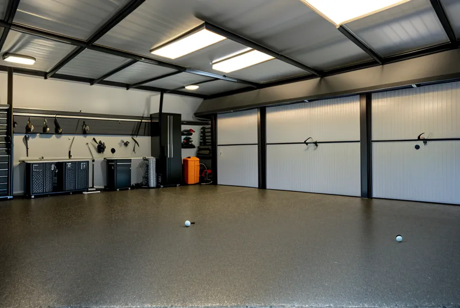 View of a virtual golf course projected onto an impact screen in a garage.