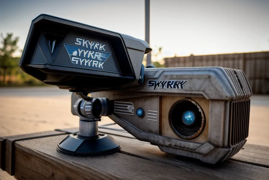 Close-up of a SkyTrak launch monitor unit in a garage setting.
