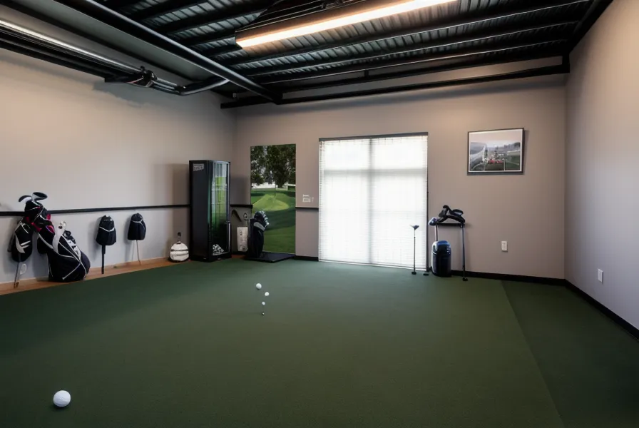 Golfer's feet on a simulator hitting mat focusing on lead leg stance.